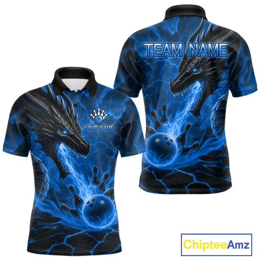 Dragon fire flame blue bowling team polo shirt for men with dragon artwork.