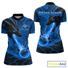 Load image into Gallery viewer, Dragon fire flame blue bowling quarter zip shirt for women, custom bowling league jersey.
