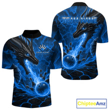 Load image into Gallery viewer, Dragon fire flame blue bowling quarter zip shirt for men, custom bowling league jersey.