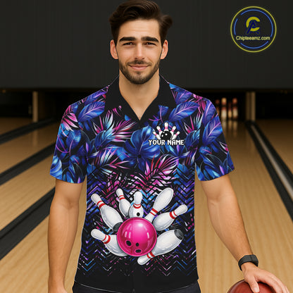 Custom Blue And Pink Tropical Floral Bowling Shirt For Men, Bowling Team Jersey Polo & 1/4 Zip TDM6222