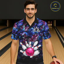 Load image into Gallery viewer, Blue And Pink Tropical Floral Bowling Hawaiian Shirt For Men Women Custom Bowling Team Jersey TDM6222