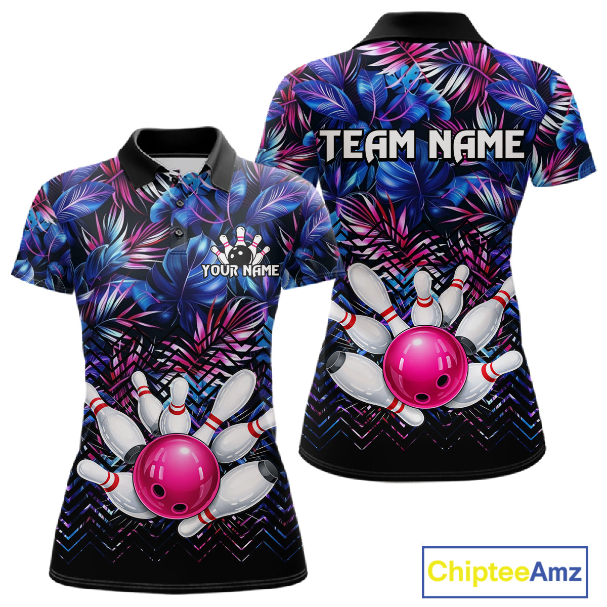Custom Blue And Pink Tropical Floral Bowling Shirt For Women, Bowling Team Jersey Polo & 1/4 Zip TDM6222