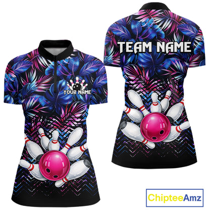 Custom Blue And Pink Tropical Floral Bowling Shirt For Women, Bowling Team Jersey Polo & 1/4 Zip TDM6222