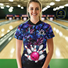 Load image into Gallery viewer, Custom Blue And Pink Tropical Floral Bowling Shirt For Women, Bowling Team Jersey Polo &amp; 1/4 Zip TDM6222