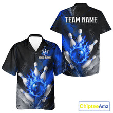 Load image into Gallery viewer, Black and blue flaming Hawaiian bowling shirt for men and women, custom bowling league team shirt with flame design.
