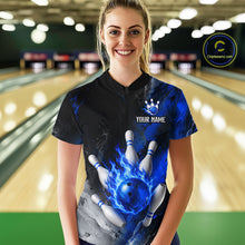 Load image into Gallery viewer, Woman wearing black and blue flaming bowling polo shirt front view.