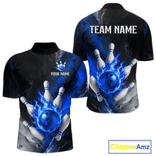 Load image into Gallery viewer, Black and blue flaming bowling quarter zip shirt for men.