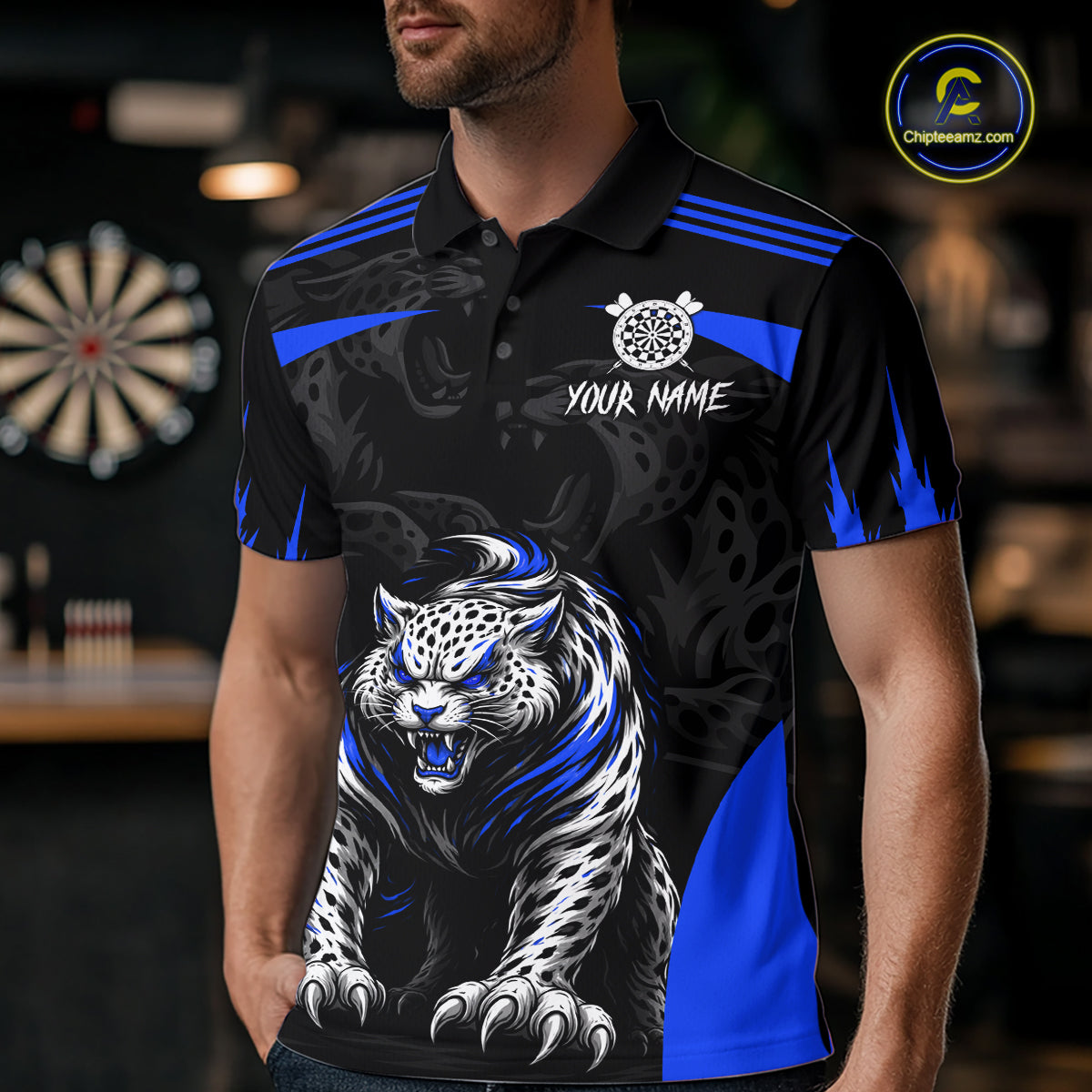 Black And Blue Custom Leopard Darts Shirt For Men, Darts Team Jersey Polo & Quarter Zip TDM5626