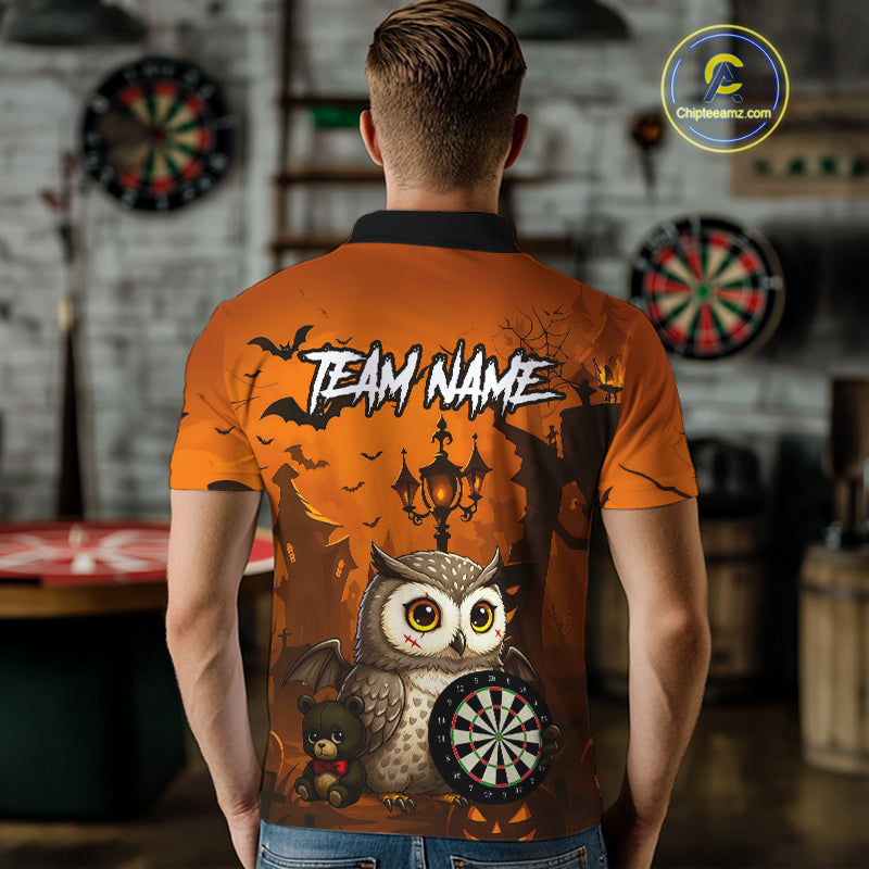 Personalized Orange Funny Owl Halloween Darts Shirt For Men Custom Pumpkin Darts Jersey TDM4929
