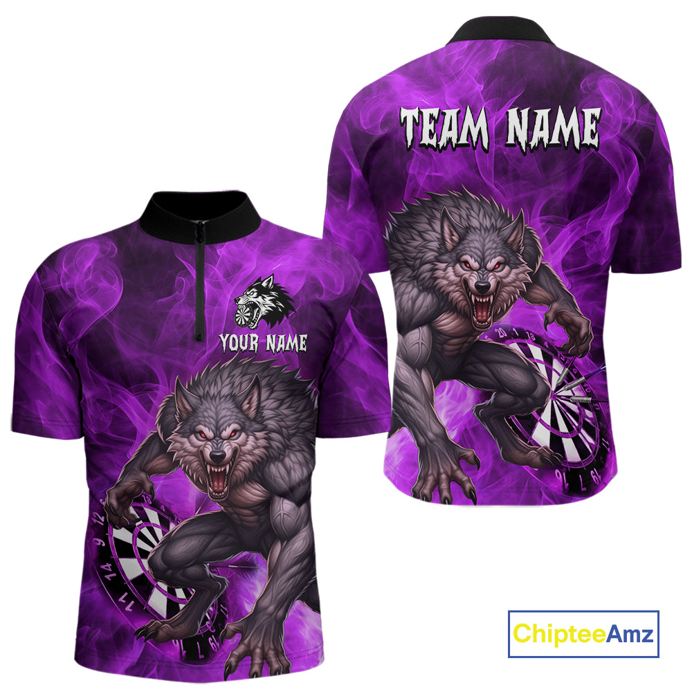 Purple Flaming Wolf Darts Shirt For Men Custom Darts League Jersey Team Polo & Quarter Zip TDM5358