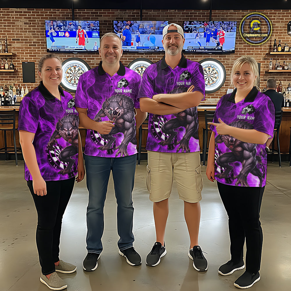Purple Flaming Wolf Darts Shirt For Men Custom Darts League Jersey Team Polo & Quarter Zip TDM5358