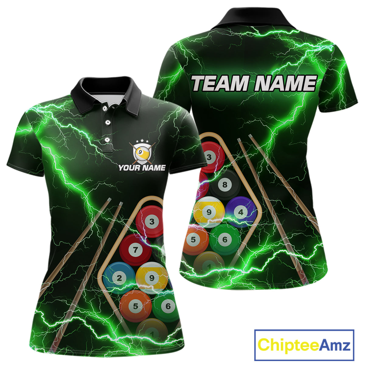 Green 9 Ball Thunder Lightning Billiard Shirts For Women Custom 9 Ball Pool Team Jersey Polo, 1/4 Zip TDM5634
