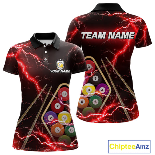 Red 9 Ball Thunder Lightning Billiard Shirts For Women Custom 9 Ball Pool Team Jersey Polo & 1/4 Zip TDM5635