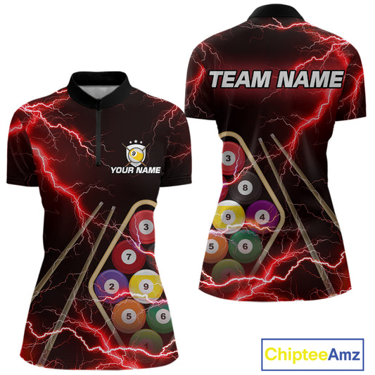Red 9 Ball Thunder Lightning Billiard Shirts For Women Custom 9 Ball Pool Team Jersey Polo & 1/4 Zip TDM5635