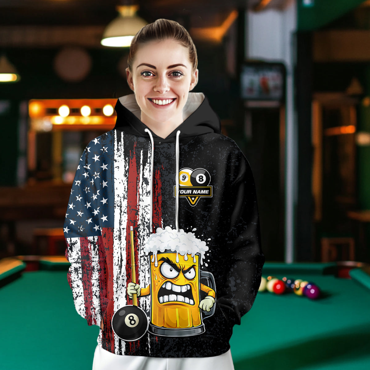 Funny Angry Beer 8 Ball & 9 Ball Billiard Hoodie Custom American Flag Pool Hoodie Team Jersey TDM5636