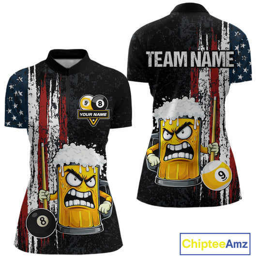 Funny Angry Beer 8 Ball & 9 Ball Billiard Shirt For Women Custom American Flag Pool Team Jersey TDM5636