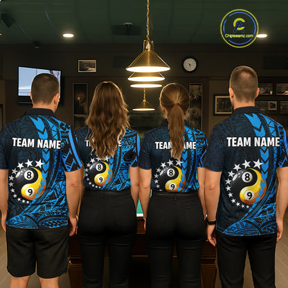 Custom Blue Tribal 8 Ball & 9 Ball Yin And Yang Billiard Shirt For Men, Funny Pool Team Jersey TDM5845