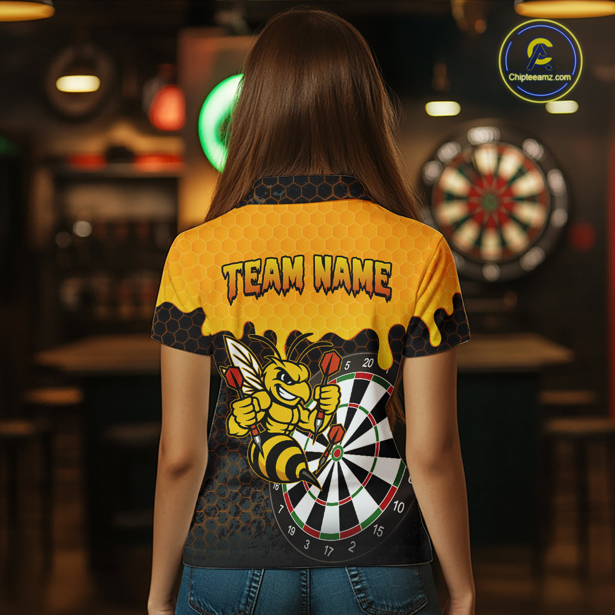 Personalized Yellow Black Funny Bee Darts Shirt For Women, Darts Team Jersey Polo & Quarter Zip TDM6004