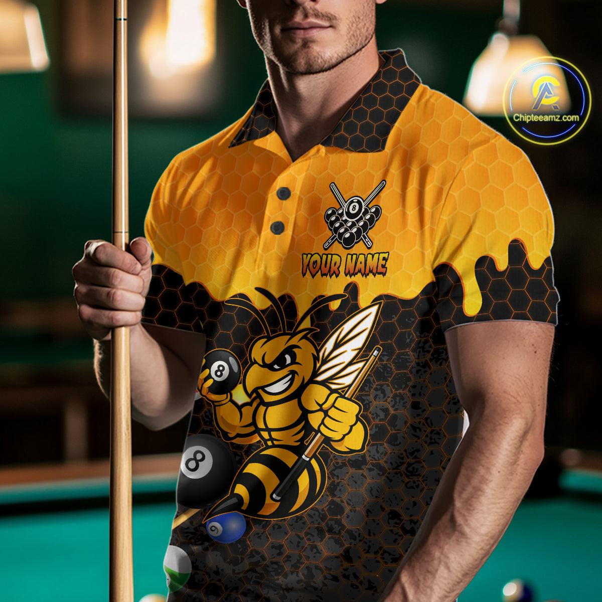 Custom Yellow Black Funny Bee 8 Ball Billiard Shirt For Men, Pool Team Jersey Polo & 1/4 Zip TDM6006