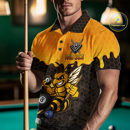 Custom Yellow Black Funny Bee 8 Ball Billiard Shirt For Men, Pool Team Jersey Polo & 1/4 Zip TDM6006