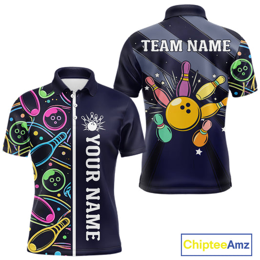 Personalized Funny Neon Bowling Shirt For Men, Retro Bowling Team Jersey Polo & 1/4 Zip | Navy Blue TDM6460
