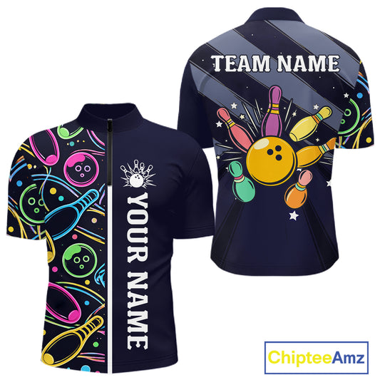 Personalized Funny Neon Bowling Shirt For Men, Retro Bowling Team Jersey Polo & 1/4 Zip | Navy Blue TDM6460