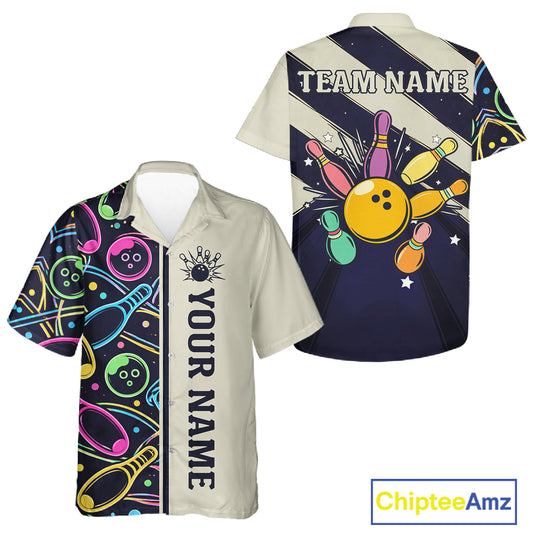 Personalized Funny Neon Bowling Hawaiian Shirt For Women, Retro Bowling Team Jersey Outfit TDM6461