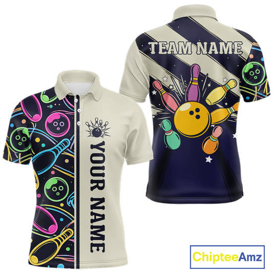 Personalized Funny Neon Bowling Shirt For Men, Retro Bowling Team Jersey Polo & 1/4 Zip TDM6461