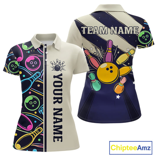 Personalized Funny Neon Bowling Shirt For Women, Retro Bowling Team Jersey Polo & 1/4 Zip TDM6461
