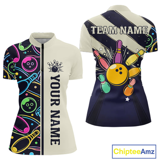 Personalized Funny Neon Bowling Shirt For Women, Retro Bowling Team Jersey Polo & 1/4 Zip TDM6461