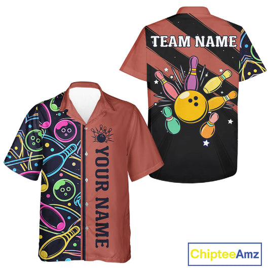 Personalized Funny Neon Bowling Hawaiian Shirt For Women, Retro Bowling Team Jersey Outfit | Orange TDM6462