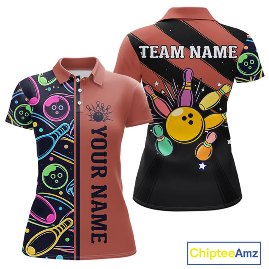 Personalized Funny Neon Bowling Shirt For Women, Retro Bowling Team Jersey Polo & 1/4 Zip | Orange TDM6462