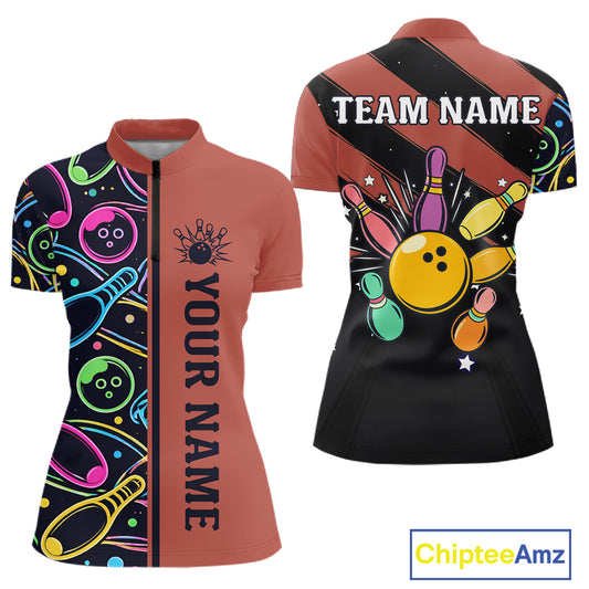 Personalized Funny Neon Bowling Shirt For Women, Retro Bowling Team Jersey Polo & 1/4 Zip | Orange TDM6462