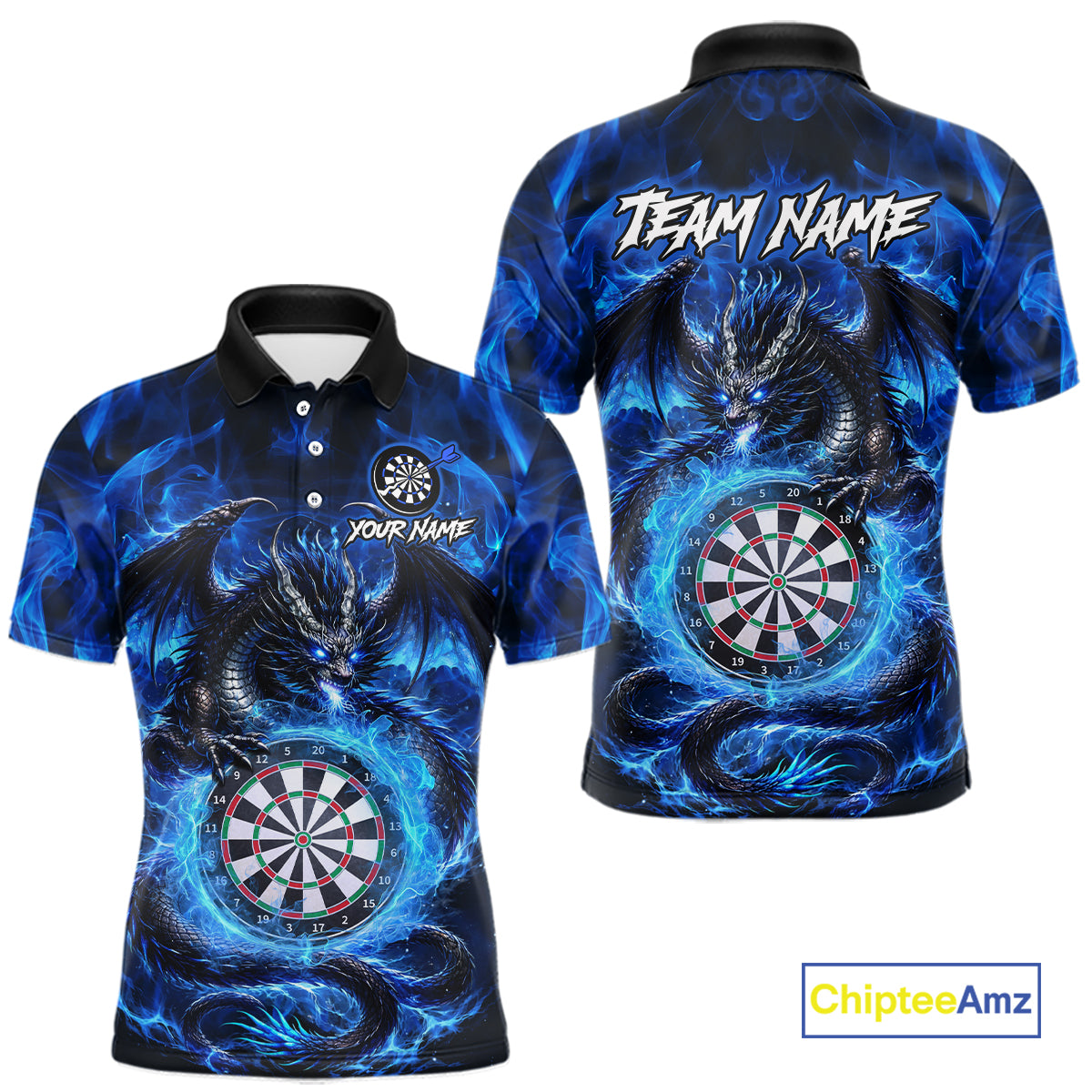 Personalized blue flame dragon darts polo shirt for men with vibrant fire and dragon inspired design.