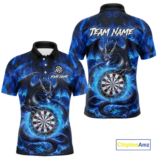 Personalized blue flame dragon darts polo shirt for men with vibrant fire and dragon inspired design.
