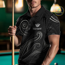 Load image into Gallery viewer, Man wearing a personalized flame 8 ball billiard polo shirt during pool league play front view.