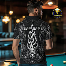 Load image into Gallery viewer, Back view of man wearing a tribal flame 8 ball billiard shirt inside a billiards hall.