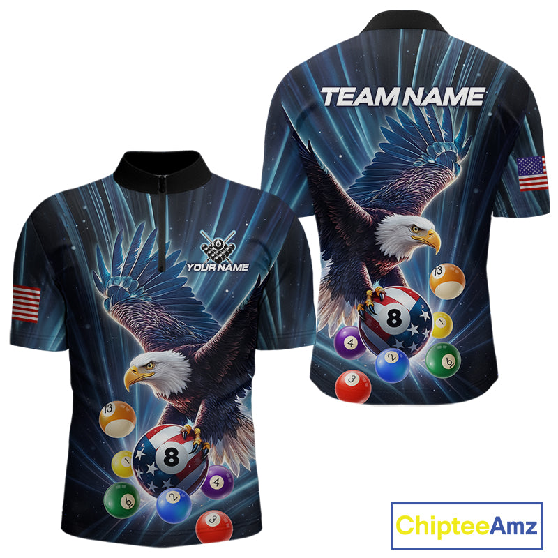 Blue 8 Ball US Flag Eagle Lightning Billiard Shirt For Men Custom Pool Team Jersey Polo & 1/4 Zip TDM5375