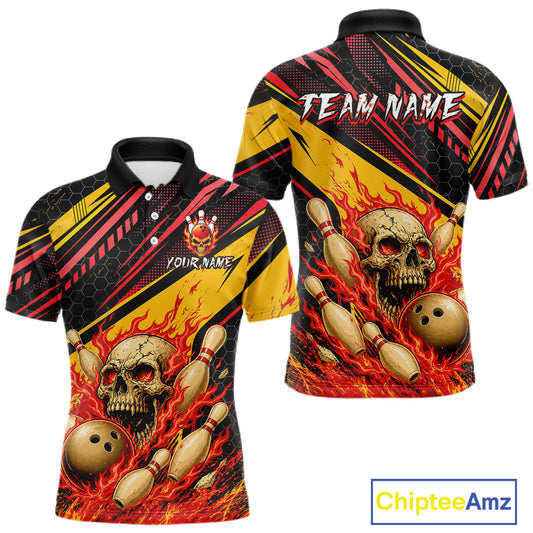 Red & Yellow Flaming Skull Bowling Jersey For Men Custom Bowling League Shirts Team Polo & 1/4 Zip TDM6476