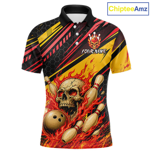 Red & Yellow Flaming Skull Bowling Jersey For Men Custom Bowling League Shirts Team Polo & 1/4 Zip TDM6476