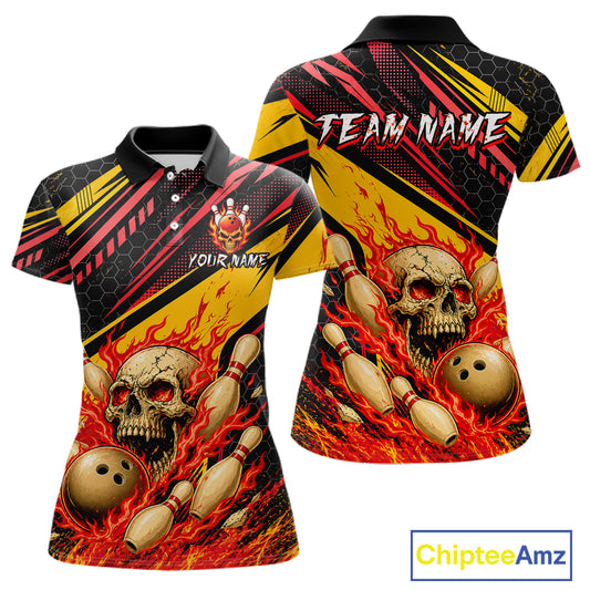 Red & Yellow Flaming Skull Bowling Jersey For Women Custom Bowling League Shirts Team Polo & 1/4 Zip TDM6476