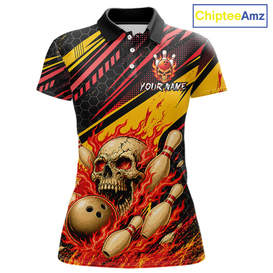 Red & Yellow Flaming Skull Bowling Jersey For Women Custom Bowling League Shirts Team Polo & 1/4 Zip TDM6476