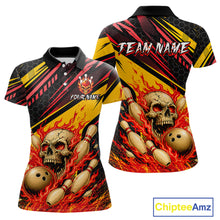 Load image into Gallery viewer, Red &amp; Yellow Flaming Skull Bowling Jersey For Women Custom Bowling League Shirts Team Polo &amp; 1/4 Zip TDM6476