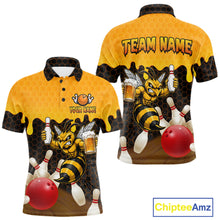 Load image into Gallery viewer, Black and Yellow Funny Bee Beer Bowling Shirt design featuring a funny bee holding a beer mug with black, yellow and hexagon pattern on a custom polo bowling shirt for men