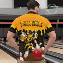 Load image into Gallery viewer, Male model wearing the Black and Yellow Funny Bee Beer Bowling quarter zip shirt featuring modern yellow hexagon graphics, back view