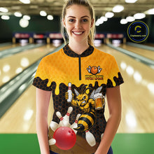 Load image into Gallery viewer, Female model wearing the Black and Yellow Funny Bee Beer Bowling quarter zip shirt featuring funny bee and beer themed bowling artwork, front view
