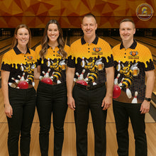 Load image into Gallery viewer, Men's bowling team wearing matching Black and Yellow Funny Bee Beer Bowling shirts, front view