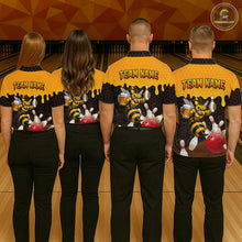 Load image into Gallery viewer, Men's bowling team wearing matching Black and Yellow Funny Bee Beer Bowling shirts, back view