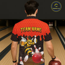 Load image into Gallery viewer, Male model wearing the Black and Red Funny Bee Beer Bowling Hawaiian shirt with funny bee graphics, beer mug, black and red tropical bowling design, back view