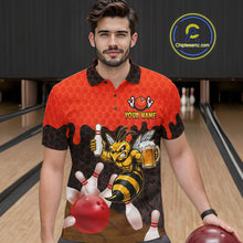 Load image into Gallery viewer, Male model wearing the Black and Red Funny Bee Beer Bowling polo shirt with funny bee, beer mug and red hexagon graphics, front view